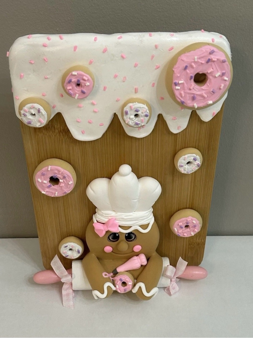 Handmade Pink Fake Gingerbread Donut Baker Cutting Board Display
